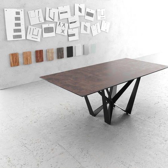 Table-à-manger Edge 200x100cm verre Antique-marron pieds milieu acier plat noir, Tables de salle à manger