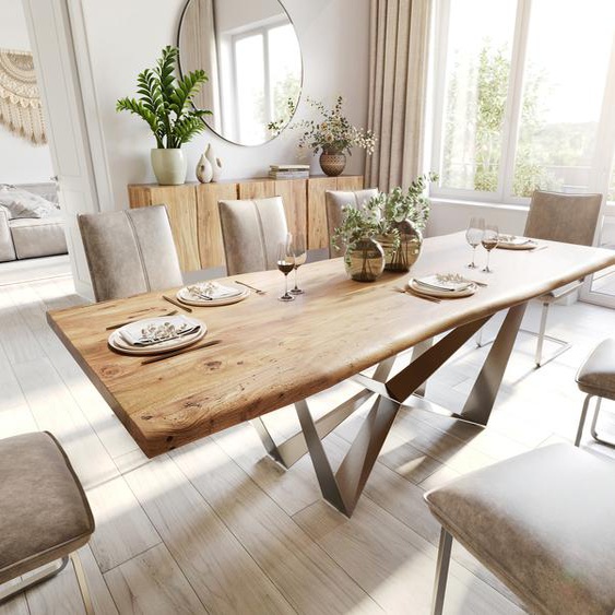 Table à manger Edge 240x100 acacia nature Spider acier plat acier inoxydable Live-Edge, Tables de salle à manger, Baumkantenmöbel, Massivholzmöbel, Massivholz
