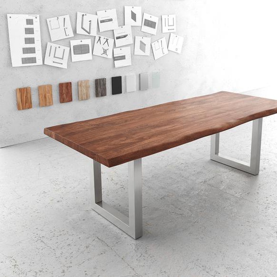 Table-à-manger Edge 240x100cm XL acacia marron acier inoxydable large Live-Edge, Tables de salle à manger, Baumkantenmöbel, Massivholzmöbel, Massivholz