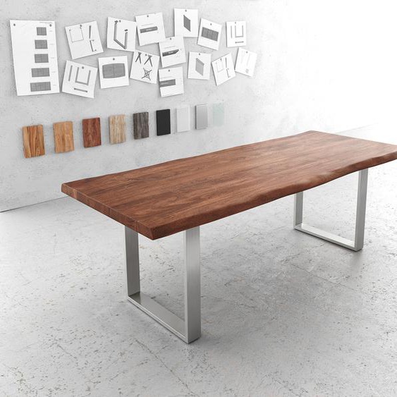 Table-à-manger Edge 240x100cm XL acacia marron acier inoxydable mince Live-Edge, Tables de salle à manger, Baumkantenmöbel, Massivholzmöbel, Massivholz