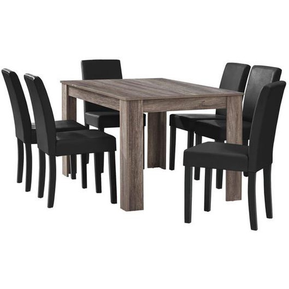 Table a manger en chene ancien avec 6 chaises noir cuir synthetique rembourre 140x90 cm