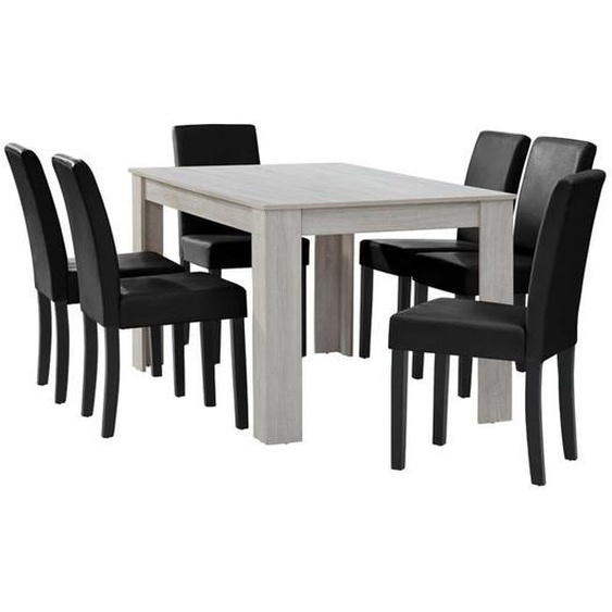 Table a manger chene blanc avec 6 chaises noir cuir synthetique rembourre 140x90 cm