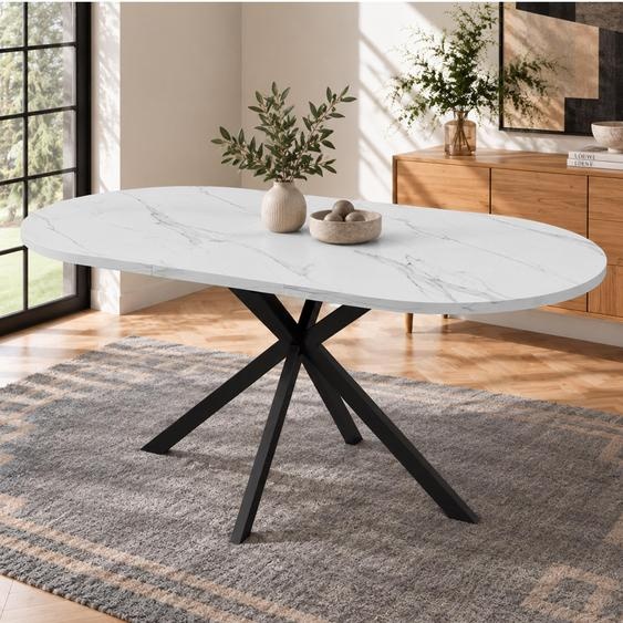Table à manger extensible, dimensions 160/120 x 80 cm, adaptée pour 4 à 6 personnes, plateau ovale, pieds en métal, style minimaliste, idéale pour une salle à manger
