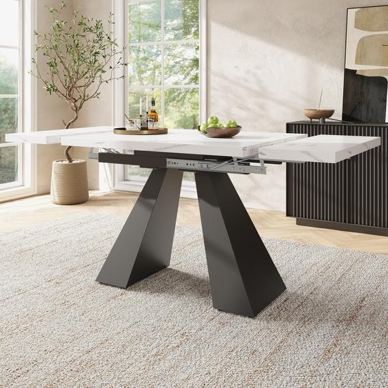 Table à manger extensible XL (99-159 cm) en blanc et aspect marbre, table de cuisine moderne avec pieds en forme de colonnes en acier au carbone, table télescopique robuste pour le bureau à domicile et la salle à manger