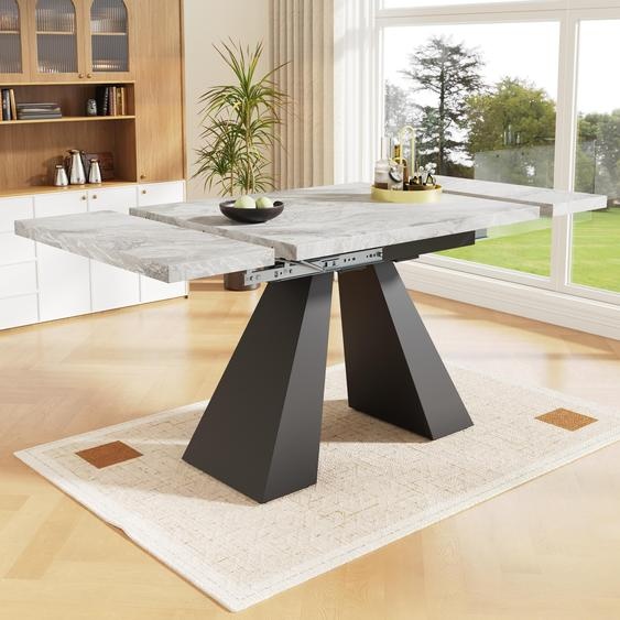 Table à manger extensible XL (99-159 cm) en gris et aspect marbre, table de cuisine moderne avec pieds en forme de colonnes en acier au carbone, table télescopique robuste pour le bureau à domicile et la salle à manger
