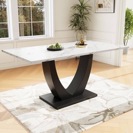 Table à manger moderne (140 x 75,5 cm) aspect marbre blanc, table de cuisine rectangulaire avec piètement métallique noir robuste, grande table à manger pour 4 à 6 personnes, blanc/noir