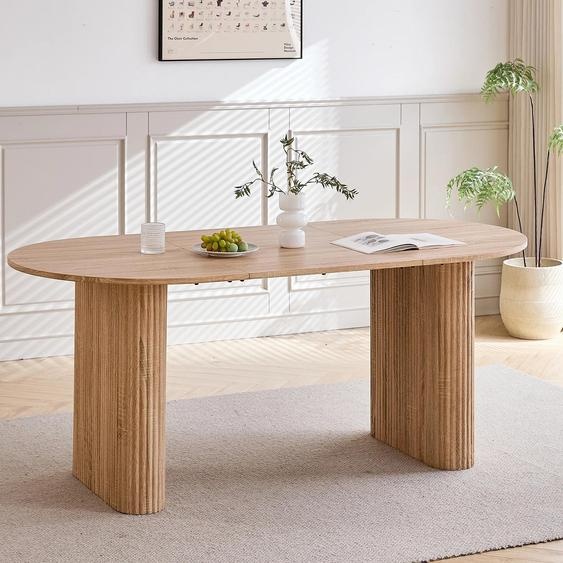 Table à manger moderne - Table ovale à pied central cannelé - Bois, 120–160 cm - Pour 6 à 8 personnes - Marron clair