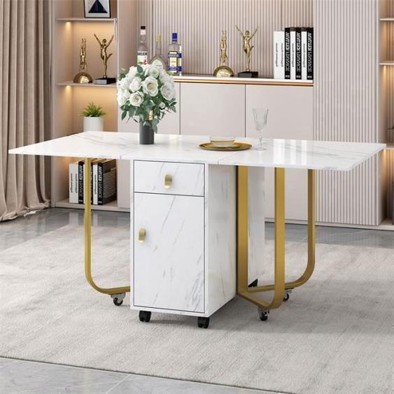 Table à manger pliante avec rangement et tiroirs - DREAMMESPACE - Blanc - 150x80x76cm