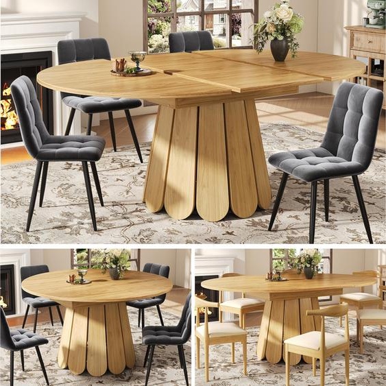 Table à manger ronde à rallonges (Ø 118-158 cm) aspect bois, table de cuisine vintage pouvant accueillir jusquà 6 personnes, table à manger ovale avec pied en colonne design et piètement métallique