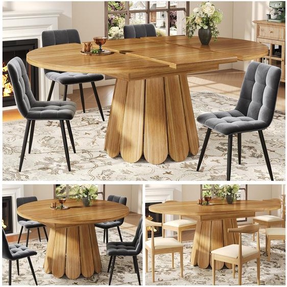 Table à manger ronde à rallonges (Ø 118-158 cm) de couleur marron, table de cuisine vintage pour 6 personnes, table à manger ovale avec pied central design et piètement en métal