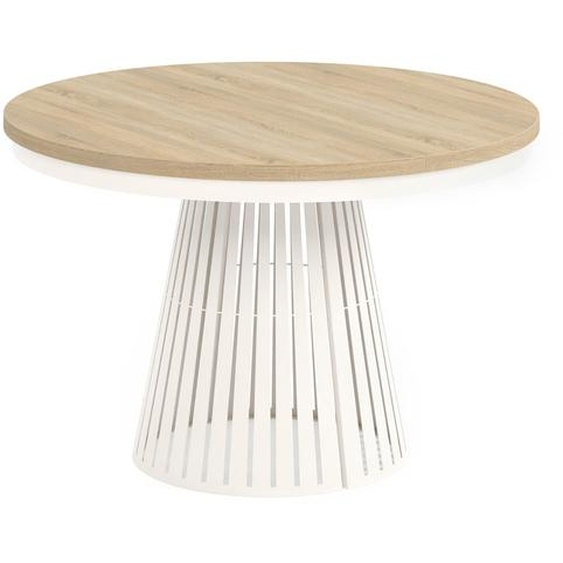 Table à manger ronde et extensible CAVO avec piètement en anneau, style loft, scandinave, diamètre : 120/196 cm, couleur : chêne Sonoma/cachemire