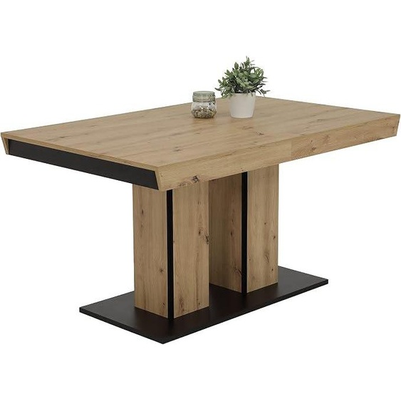 Table à manger, table avec pieds en colonne, matériau composite en bois avec revêtement mélaminé,Reproduction Chêne Artisan, système dextension synchronisé, dimensions 140-220 x 90 x 76 cm