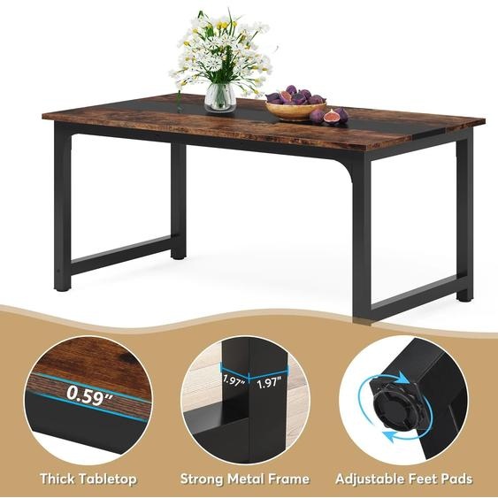 Table à manger rectangulaire 160 x 80 cm - Table de cuisine de style industriel - Pour 4 à 6 personnes - Piètement en métal - Plateau en bois - Marron rustique