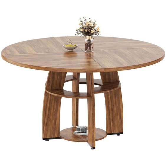 Table à manger - Table de cuisine ronde - Ø 120 cm - Pour 4 à 6 personnes - Pieds réglables - Tablette - Panneau de particules - Design moderne - Couleur noyer
