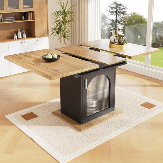 Table à manger XL à rallonges (110-140 cm) avec meuble de rangement, table de cuisine à 3 niveaux et plateau en verre arc-en-ciel, table télescopique pour 4 à 6 personnes, finition naturelle et noire