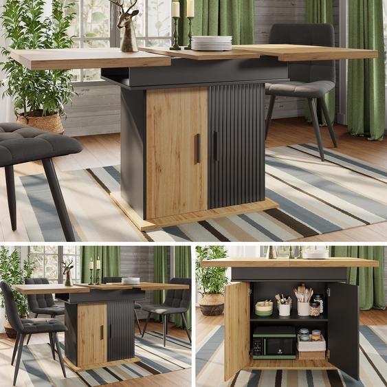 Table à manger XL à rallonges (110-140 cm) avec rangement intégré, table de cuisine télescopique pour 4 à 6 personnes, table à manger de style rétro avec étagères réglables