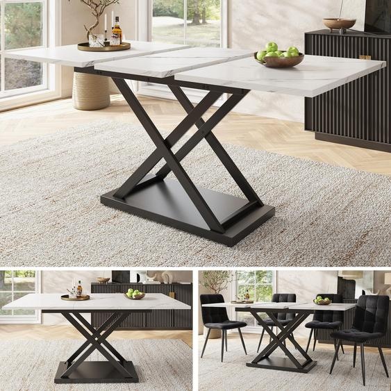 Table à manger XL à rallonges (120-160 cm) aspect marbre blanc, table de cuisine moderne avec pieds en croix en métal noir, table télescopique pour 4 à 6 personnes