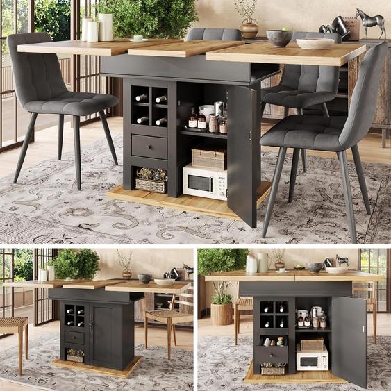 Table à rallonges (110–140 cm) avec casier à bouteilles et tiroirs, table de cuisine multifonctionnelle pour 4 à 6 personnes, table télescopique modulable avec compartiment de rangement, peu encombrante