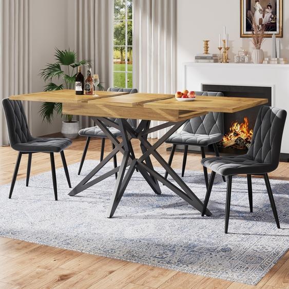 Table à rallonges (120–160 cm) aspect noyer brésilien, table de cuisine moderne avec piètement métallique noir en forme détoile, table à manger pour 6 à 8 personnes