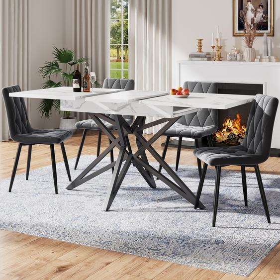 Table à rallonges (120–160 cm) au look marbré raffiné, table de cuisine moderne avec piètement en métal noir en forme détoile, table à manger pour 6 à 8 personnes, blanc/noir