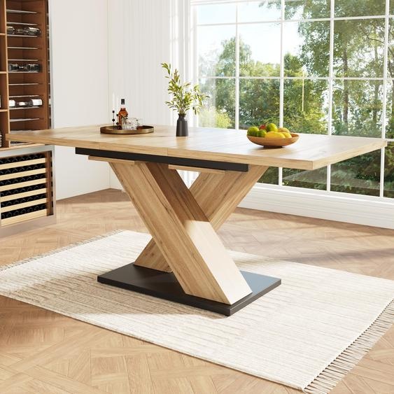 Table à rallonges 120-160 cm, table de cuisine aspect bois avec piètement en X, table à rallonges avec plateau coulissant, table à manger moderne pour 4 à 6 personnes, couleur naturelle