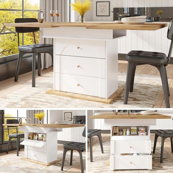 Table à rallonges blanche – Table télescopique 110-140 x 80 cm pour 4 à 6 personnes – Table de cuisine pliante avec rangement, peu encombrante et moderne