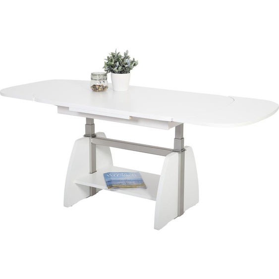 Table basse avec fonction, table de salon Colin ovale -Reproduction blanc - hauteur réglable par ascenseur et extensible - grande étagère - dimensions 108-157x67cm