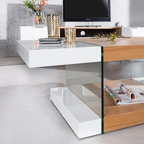 Table basse blanche et bois avec verre - Varberg