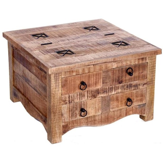 Table basse carrée LODEN 70 cm en bois massif de manguier avec coffre et 4 tiroirs – style industriel