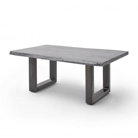 Table basse CLAREN plateau 110 en acacia massif laqué gris piétement U acier vintage