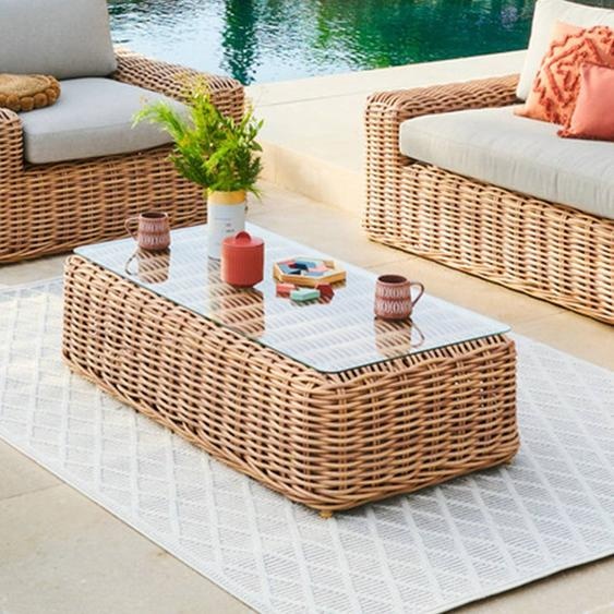 Table basse de jardin rectangulaire SAVINIA Tahini 126 x 64 33 cm - Aluminium traité époxy, Résine tressée synthétique, Verre Hespéride