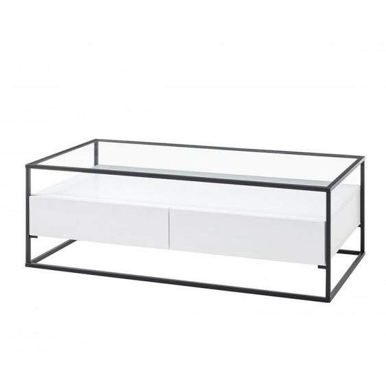 Table basse design 120 cm EDMONTON blanc pietement acier époxy 2 tiroirs