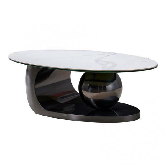 Table basse design BOWL BLACK NICKEL 130 base acier noir plateau marbre blanc