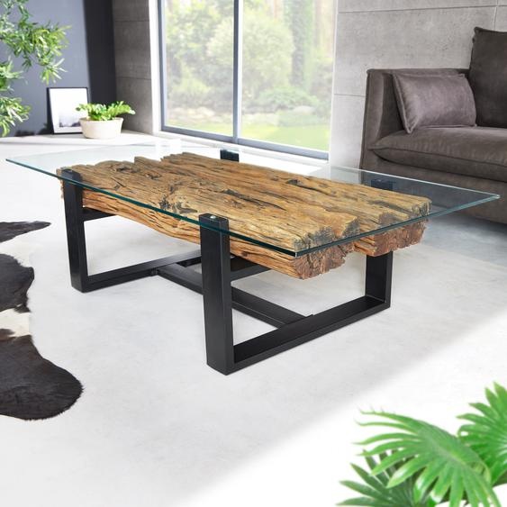 Table basse design riess-ambiente BARRACUDA 130 cm, en teck recyclé, plateau en verre noir, acier inoxydable, style industriel