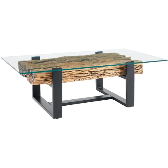 Table basse design riess-ambiente BARRACUDA 130 cm, en teck recyclé, plateau en verre noir, acier inoxydable, style industriel