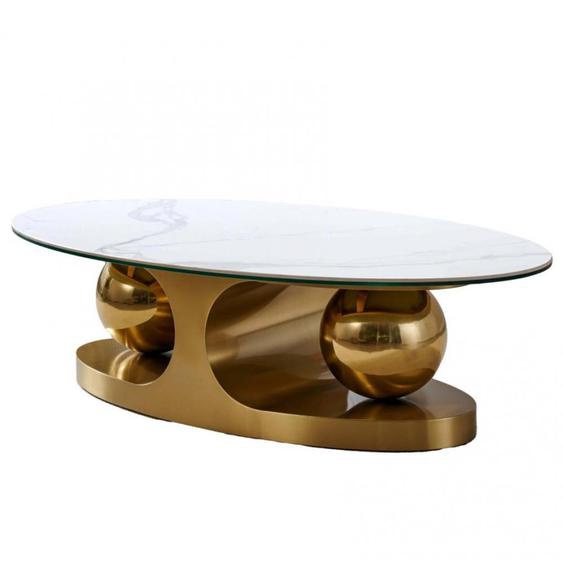 Table basse design SPHERE GOLD 130 base métal doré plateau marbre blanc