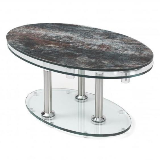 Table basse DOUBLE CÉRAMIQUE ANTHRACITE à plateaux pivotants en verre