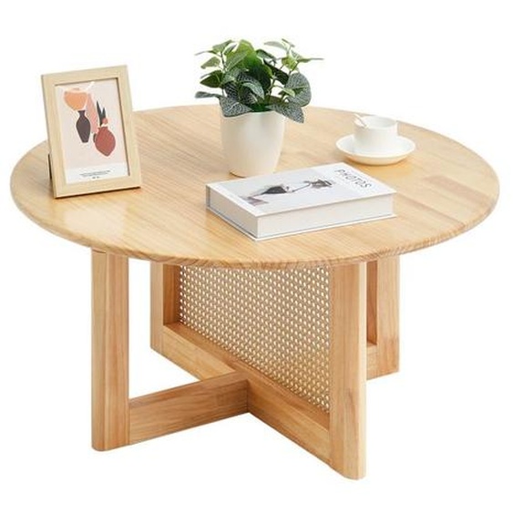 Table Basse - DUOKU - CT-SR-02 - Ronde - Bois dHévéa - Rotin PE - 33 pouces