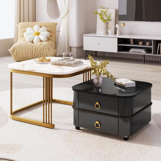 Table Basse Empilable, Aspect Marbre Brillant Et Plateau En Verre, Pieds Noirs, Table Dappoint Avec Tiroirs, Set De Deux