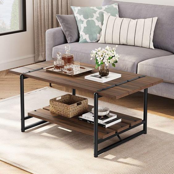 Table Basse en bois/en forme de rectangulaire- Noyer Noir-104x55x76 cm2 étageres
