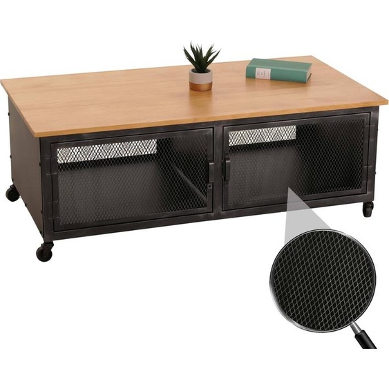Table basse HWC-N28, table de salon, roulettes 2 compartiments, structure 3D industrielle rétro métal bois 45x120x60cm ~ noir, naturel