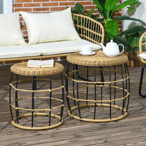 Table Basse Jardin  Lot de 2 tables dappoint empilables en rotin kaki - Meuble jardin balcon terrasse
