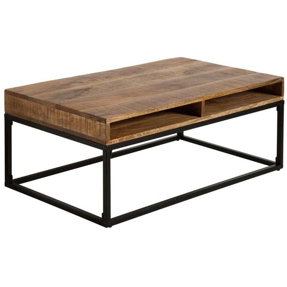 Table basse LODEN 100 cm en bois massif de manguier avec rangements et métal noir – style industriel