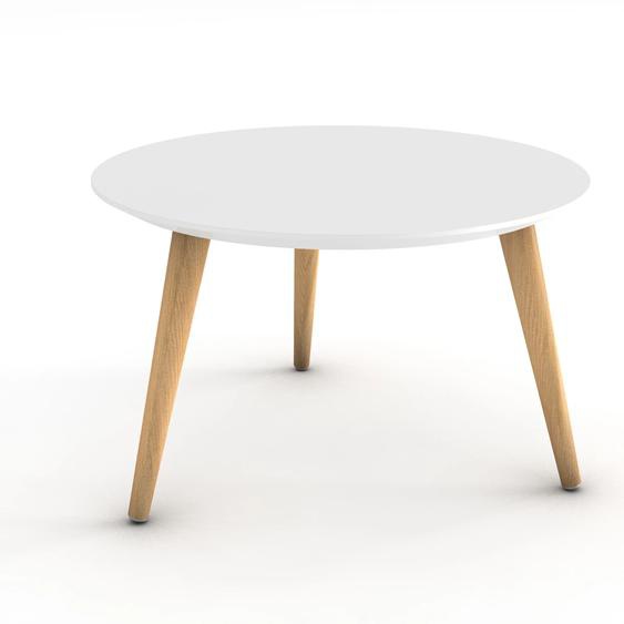 Table basse Marit, plateau rond laqué blanc, 3 pieds bois naturel