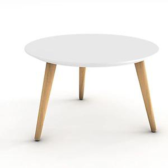 Table basse Marit, plateau rond laqué blanc, 3 pieds bois naturel
