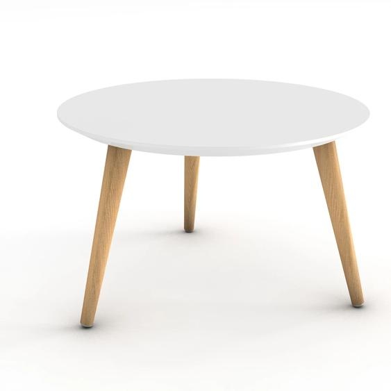 Table basse Marit, plateau rond laqué blanc, 3 pieds bois naturel