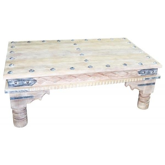 Table basse marocaine en bois massif Hayed 120 cm | Table vintage en bois massif ornée de métal pour votre salon | Table basse orientale en bois massif, style shabby chic blanc