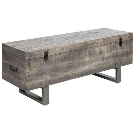 Table basse ou banc coffre MERAX 115 cm grise en bois massif et métal style industriel