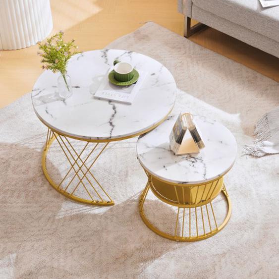 Table basse, placage en marbre, table dappoint ronde à bords arrondis, cadre doré, en MDF, PU blanc (2 pièces)-HAUSS SPOLE