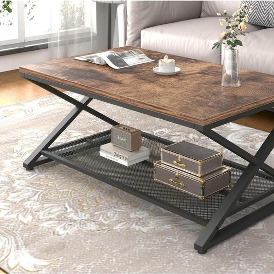 Table basse rectangulaire avec espace de rangement bois métal vintage rétro 100 x 60 x 45 cm